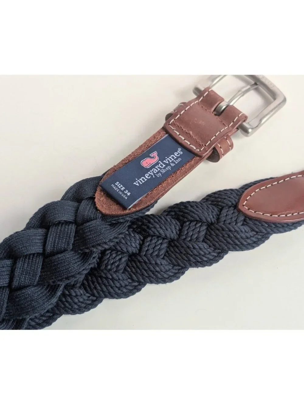 Vineyard Vines Mens Leather & Braided Rope Club Belt Navy Color Size:34 NWOT